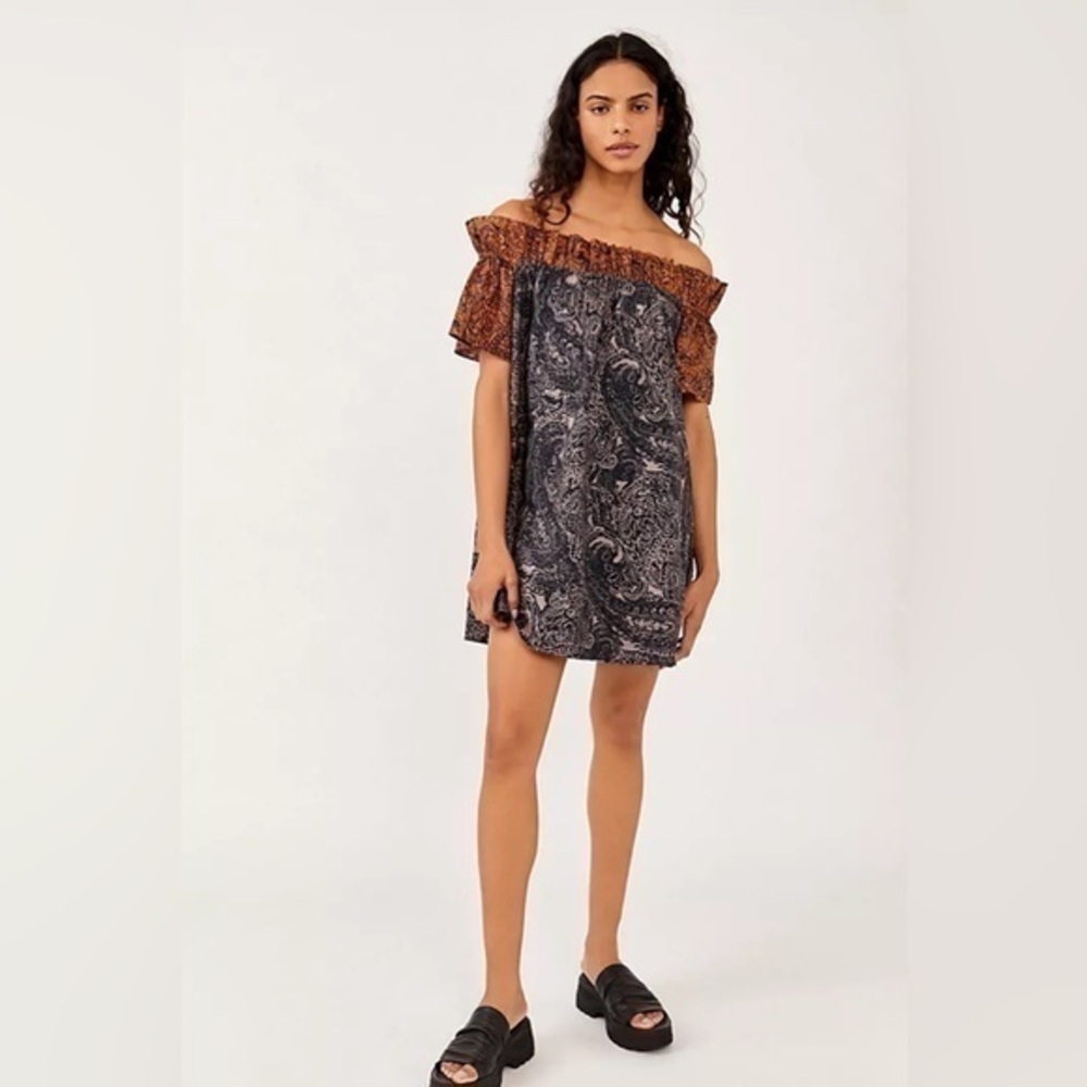 FP Free People Sophie Paisley Printed Blue Brown Off Shoulder Mini Dress Size XS